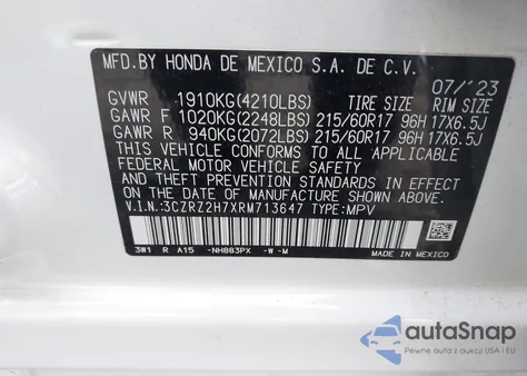 2024 Honda Hr-V Awd Ex-L/Awd Ex-L W/O Bsi z USA, uszkodzony, nr VIN 3CZRZ2H7XRM713647